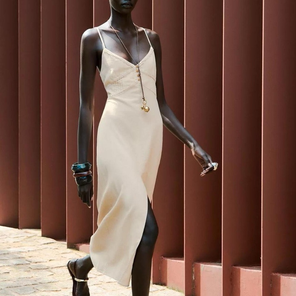 NWT Zara Linen Lace V-neck Front Slit Midi Dress in Sand - S